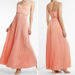NEW EXPRESS metallic cutout pleated‎ maxi dress in coral , women's size L